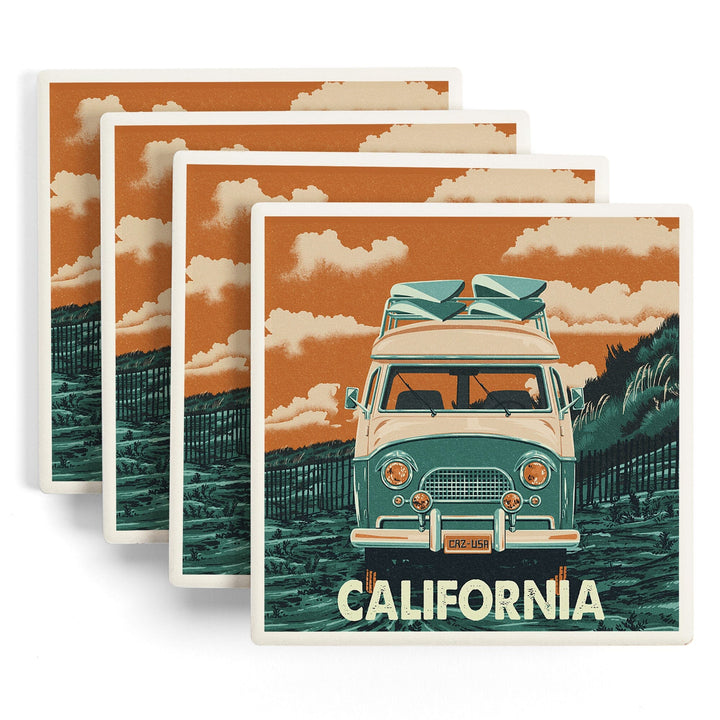 California, Letterpress, Camper Van, Lantern Press Artwork, Coaster Set - Lantern Press