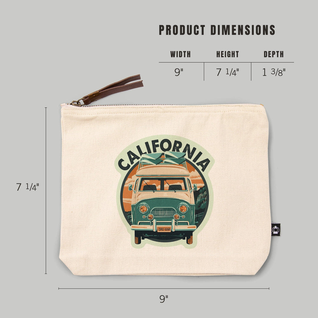 California, Letterpress, Camper Van,, Organic Cotton Zipper Pouch, Go Bag Totes Lantern Press 