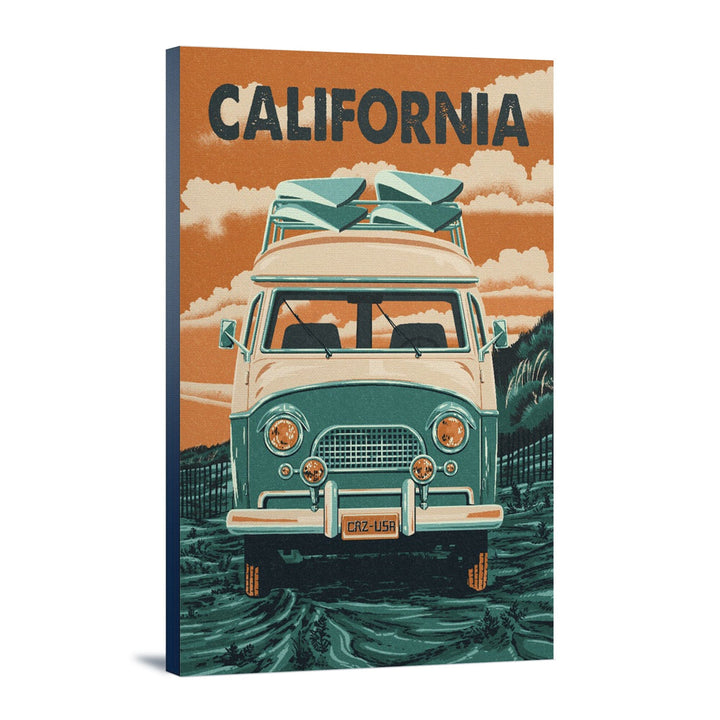 California, Letterpress, Camper Van, Stretched Canvas Canvas Lantern Press 