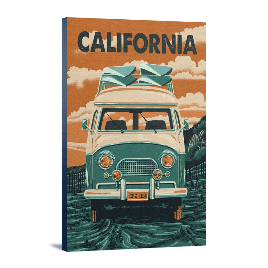 California, Letterpress, Camper Van, Stretched Canvas Canvas Lantern Press 