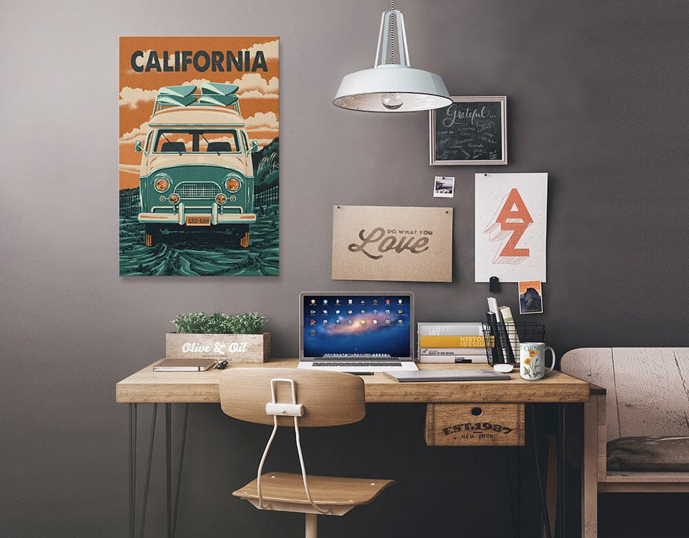 California, Letterpress, Camper Van, Stretched Canvas Canvas Lantern Press 