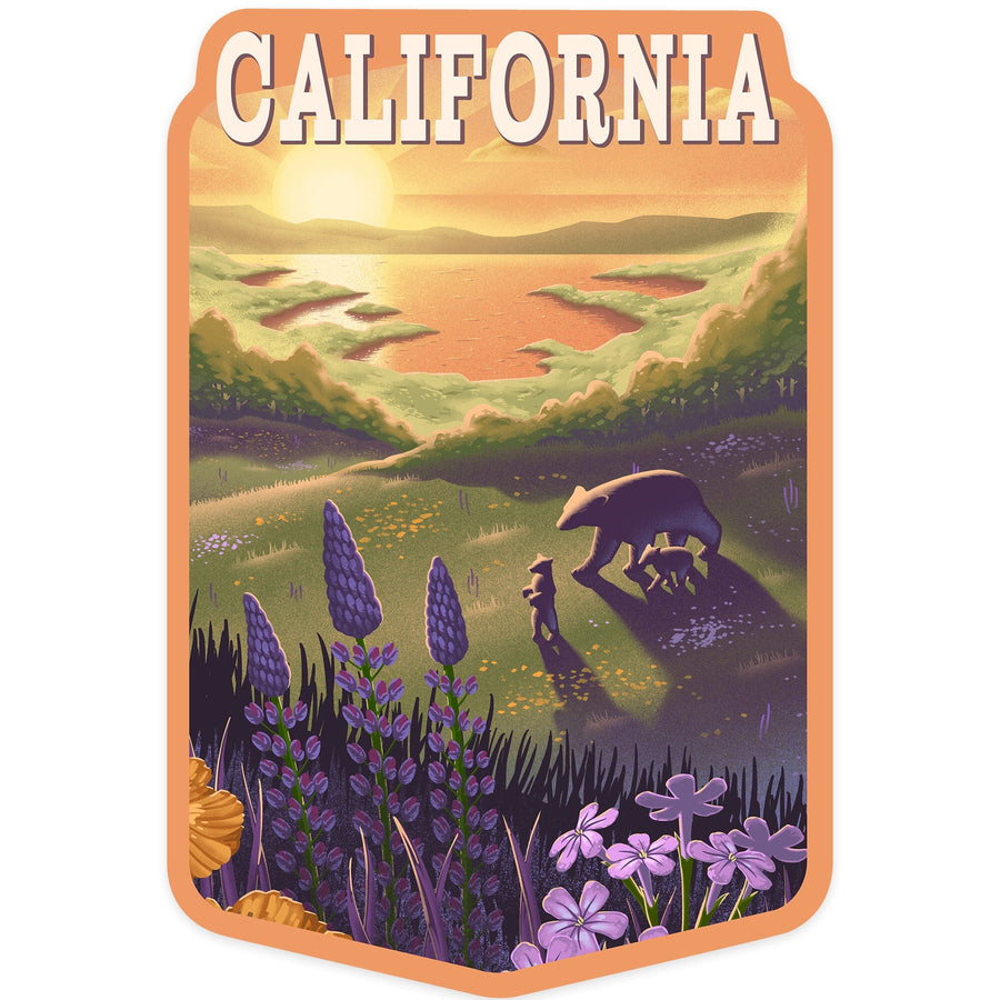 California, Lithograph, Bear and Spring Flowers, Contour, Vinyl Sticker Sticker Lantern Press 