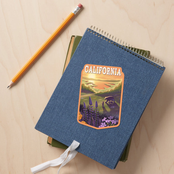 California, Lithograph, Bear and Spring Flowers, Contour, Vinyl Sticker Sticker Lantern Press 