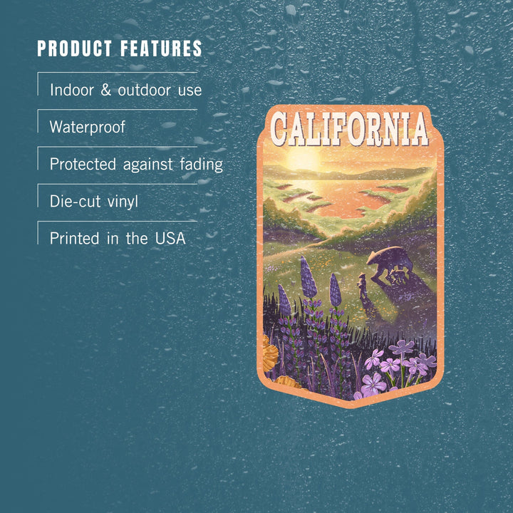 California, Lithograph, Bear and Spring Flowers, Contour, Vinyl Sticker Sticker Lantern Press 
