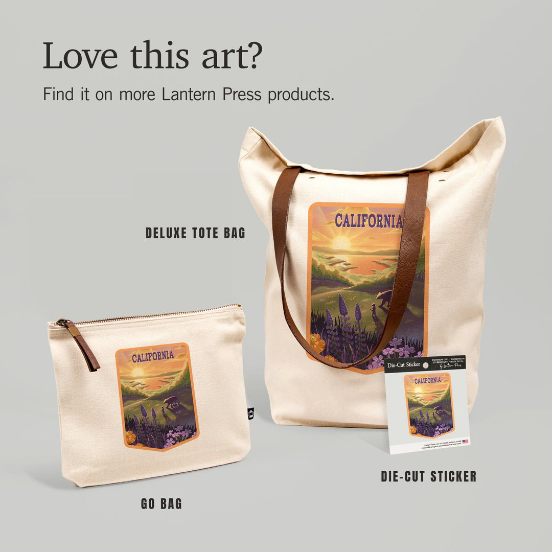 California, Lithograph, Bear and Spring Flowers, Lake,, Organic Cotton Zipper Pouch, Go Bag Totes Lantern Press 