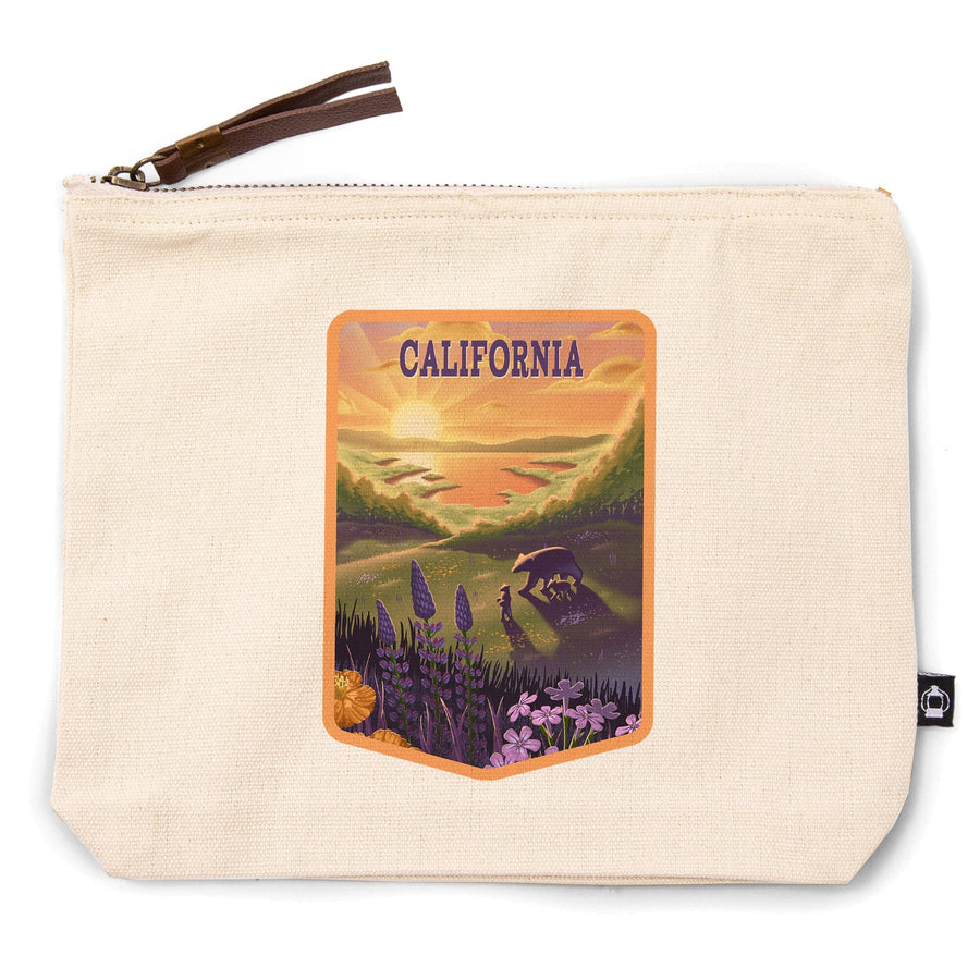 California, Lithograph, Bear and Spring Flowers, Lake,, Organic Cotton Zipper Pouch, Go Bag Totes Lantern Press 