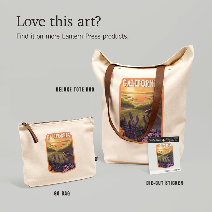 California, Lithograph, Bear and Spring Flowers,, Organic Cotton Zipper Pouch, Go Bag Totes Lantern Press 