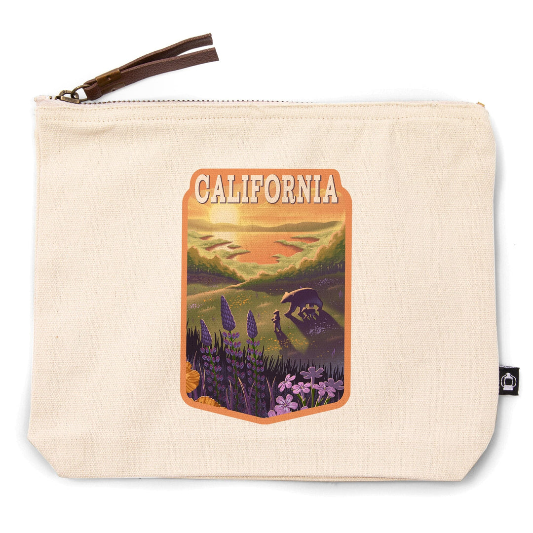 California, Lithograph, Bear and Spring Flowers,, Organic Cotton Zipper Pouch, Go Bag Totes Lantern Press 