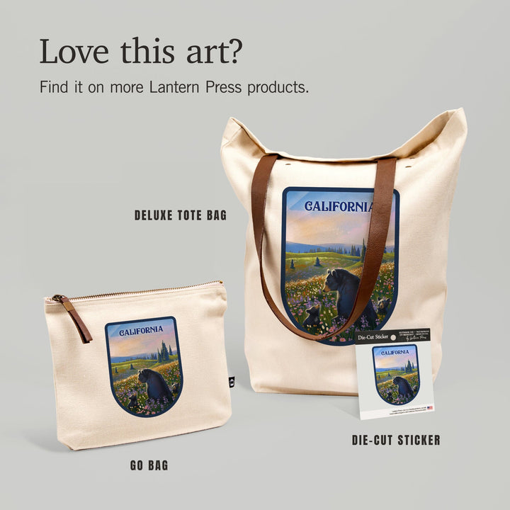 California, Lithograph, Bear Family in Field,, Organic Cotton Zipper Pouch, Go Bag Totes Lantern Press 