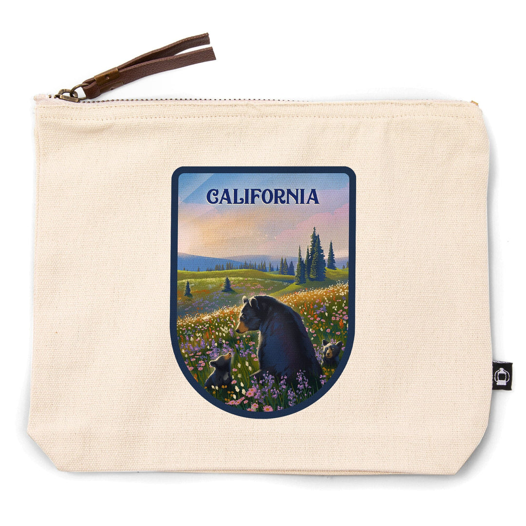 California, Lithograph, Bear Family in Field,, Organic Cotton Zipper Pouch, Go Bag Totes Lantern Press 