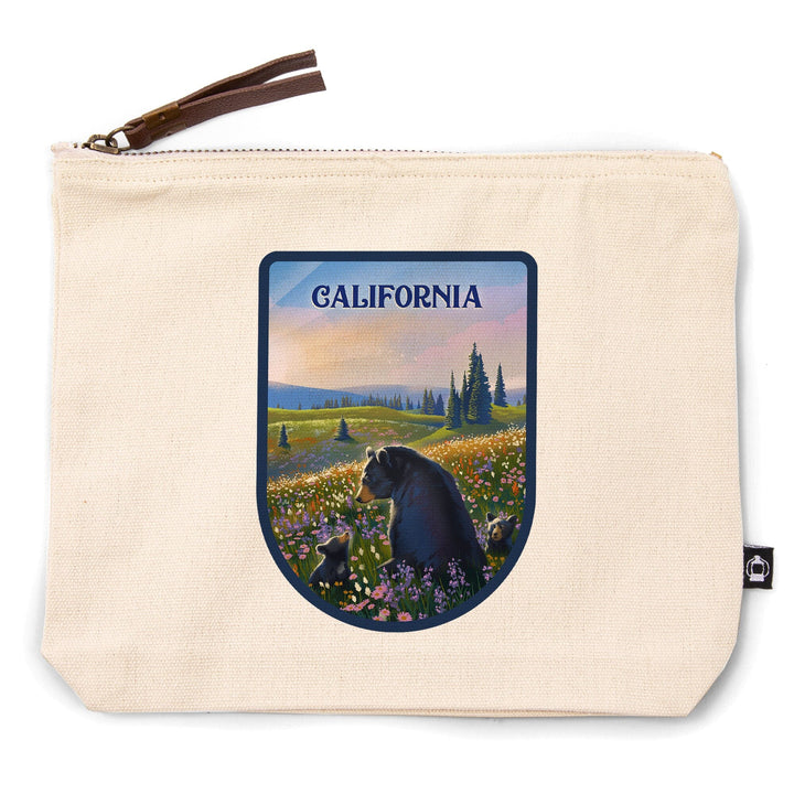 California, Lithograph, Bear Family in Field,, Organic Cotton Zipper Pouch, Go Bag Totes Lantern Press 