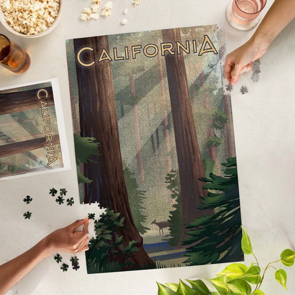 California, Lithograph, Deer in Forest, Jigsaw Puzzle Puzzle Lantern Press 