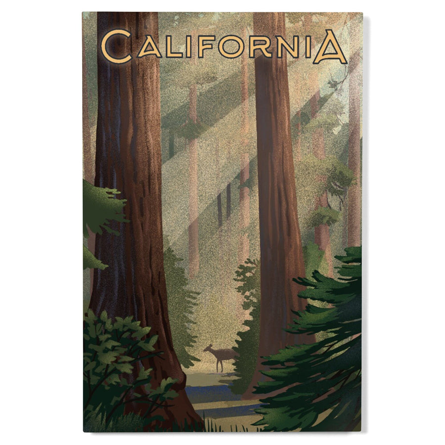 California, Lithograph, Deer in Forest, Wood Signs and Postcards Wood Lantern Press 