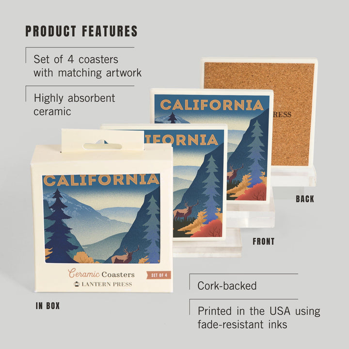 California, Lithograph, Elk and Mountain Scene, Coasters Coasters Lantern Press 
