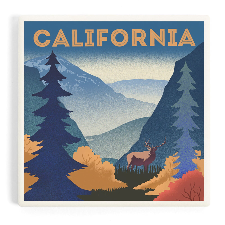 California, Lithograph, Elk and Mountain Scene, Coasters Coasters Lantern Press 