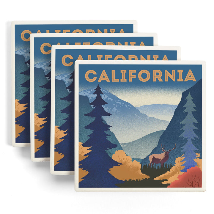 California, Lithograph, Elk and Mountain Scene, Coasters Coasters Lantern Press 