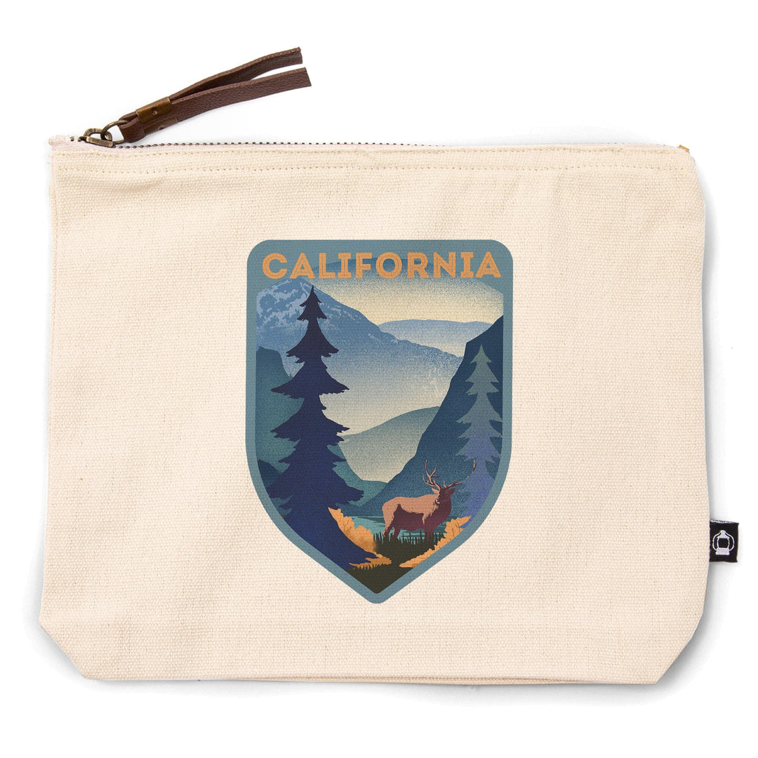 California, Lithograph, Elk and Mountain Scene,, Organic Cotton Zipper Pouch, Go Bag Totes Lantern Press 