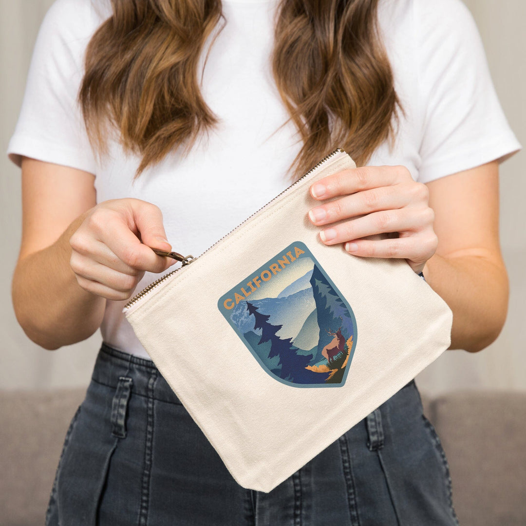 California, Lithograph, Elk and Mountain Scene,, Organic Cotton Zipper Pouch, Go Bag Totes Lantern Press 
