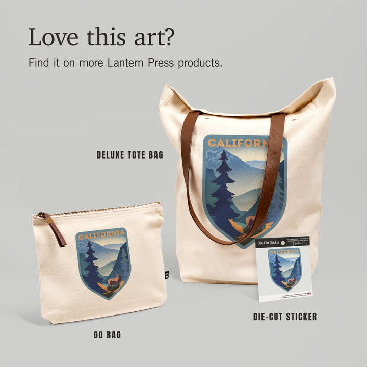 California, Lithograph, Elk and Mountain Scene,, Organic Cotton Zipper Pouch, Go Bag Totes Lantern Press 