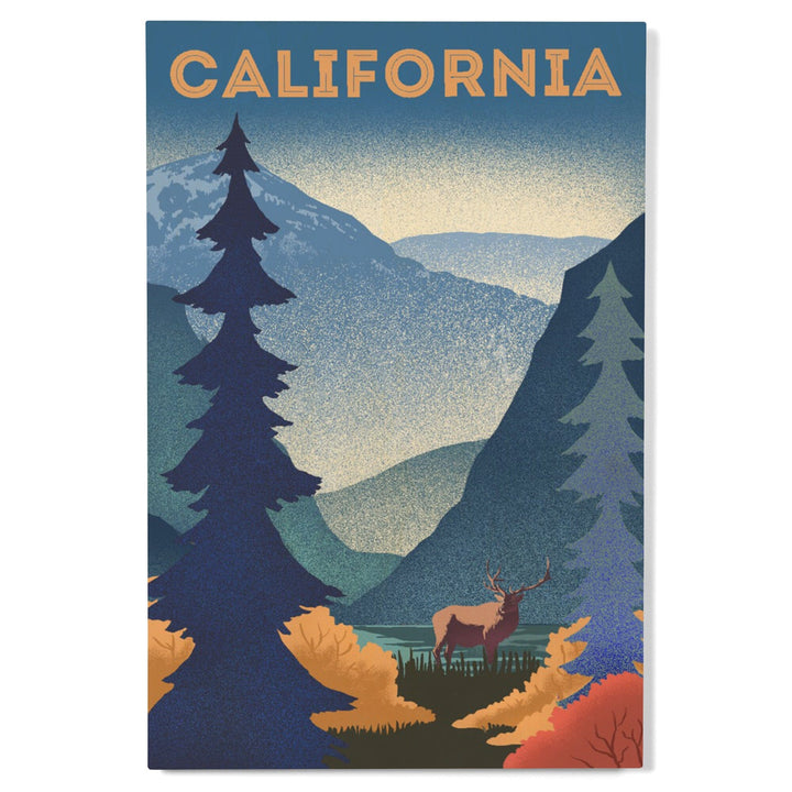 California, Lithograph, Elk and Mountain Scene, Wood Signs and Postcards Wood Lantern Press 