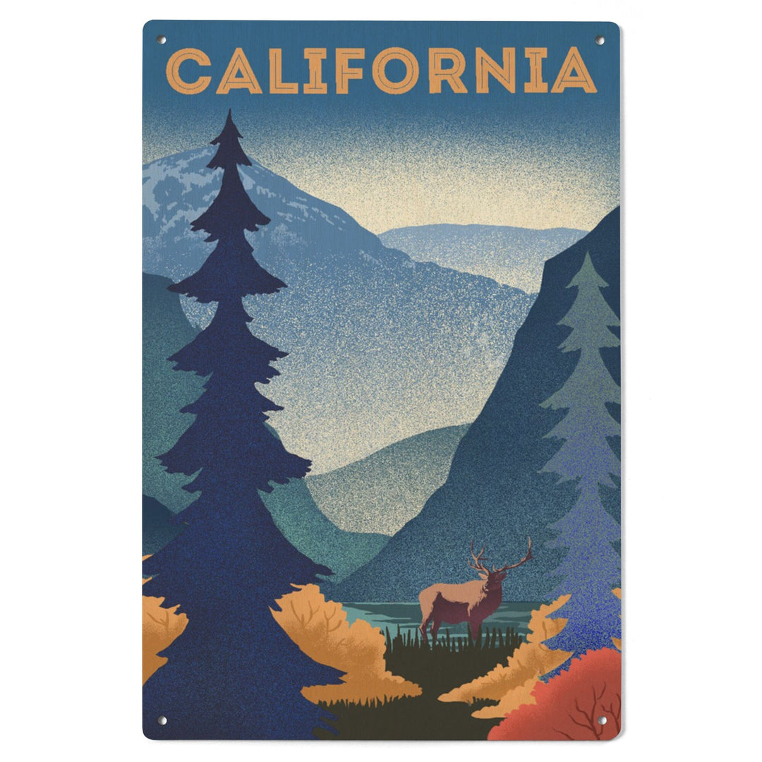 California, Lithograph, Elk and Mountain Scene, Wood Signs and Postcards Wood Lantern Press 