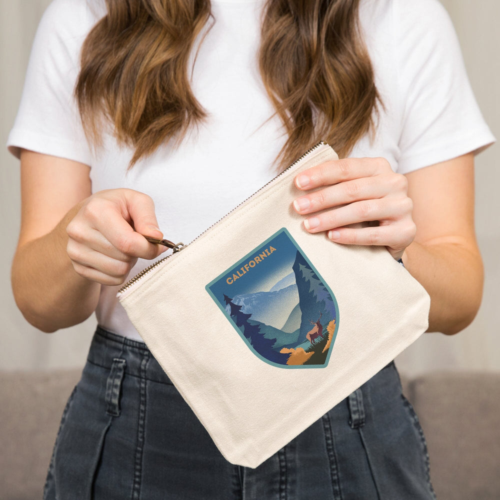 California, Lithograph, Elk and Mountains Scene,, Organic Cotton Zipper Pouch, Go Bag Totes Lantern Press 