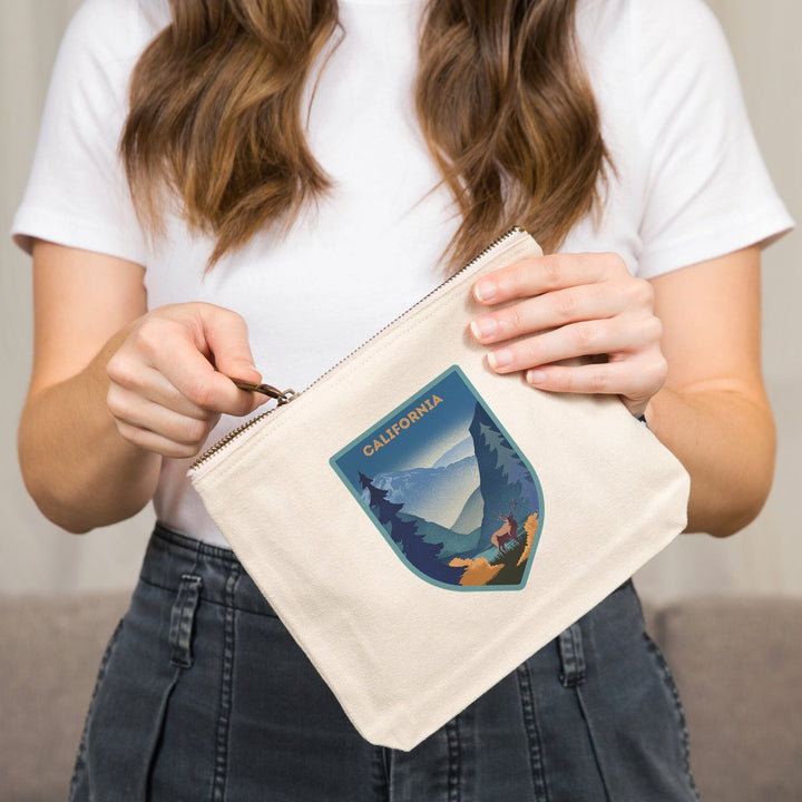 California, Lithograph, Elk and Mountains Scene,, Organic Cotton Zipper Pouch, Go Bag Totes Lantern Press 