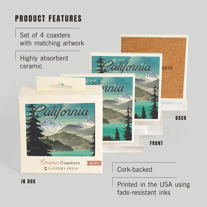 California, Lithograph, Lake and Mountains Scene, Coasters Coasters Lantern Press 