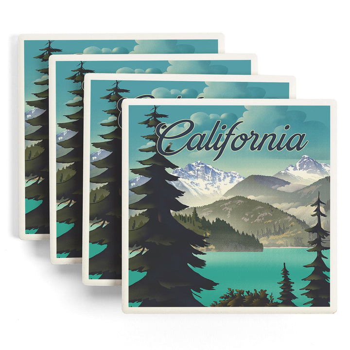 California, Lithograph, Lake and Mountains Scene, Coasters Coasters Lantern Press 