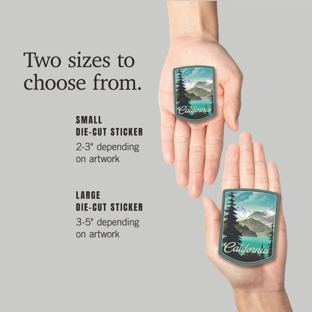 California, Lithograph, Lake and Mountains Scene, Contour, Vinyl Sticker Sticker Lantern Press 