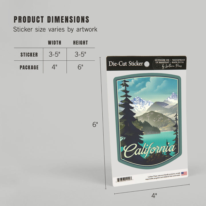 California, Lithograph, Lake and Mountains Scene, Contour, Vinyl Sticker Sticker Lantern Press 