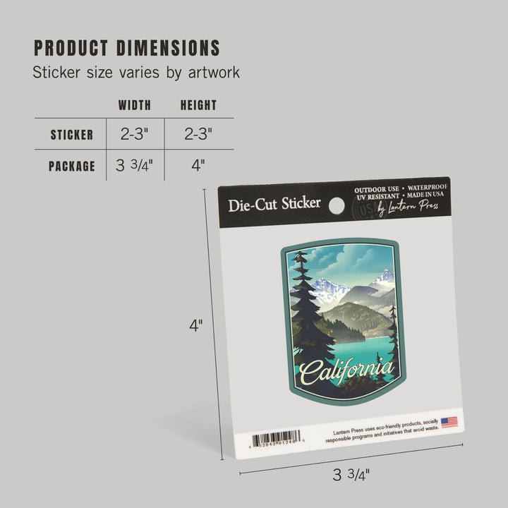 California, Lithograph, Lake and Mountains Scene, Contour, Vinyl Sticker Sticker Lantern Press 