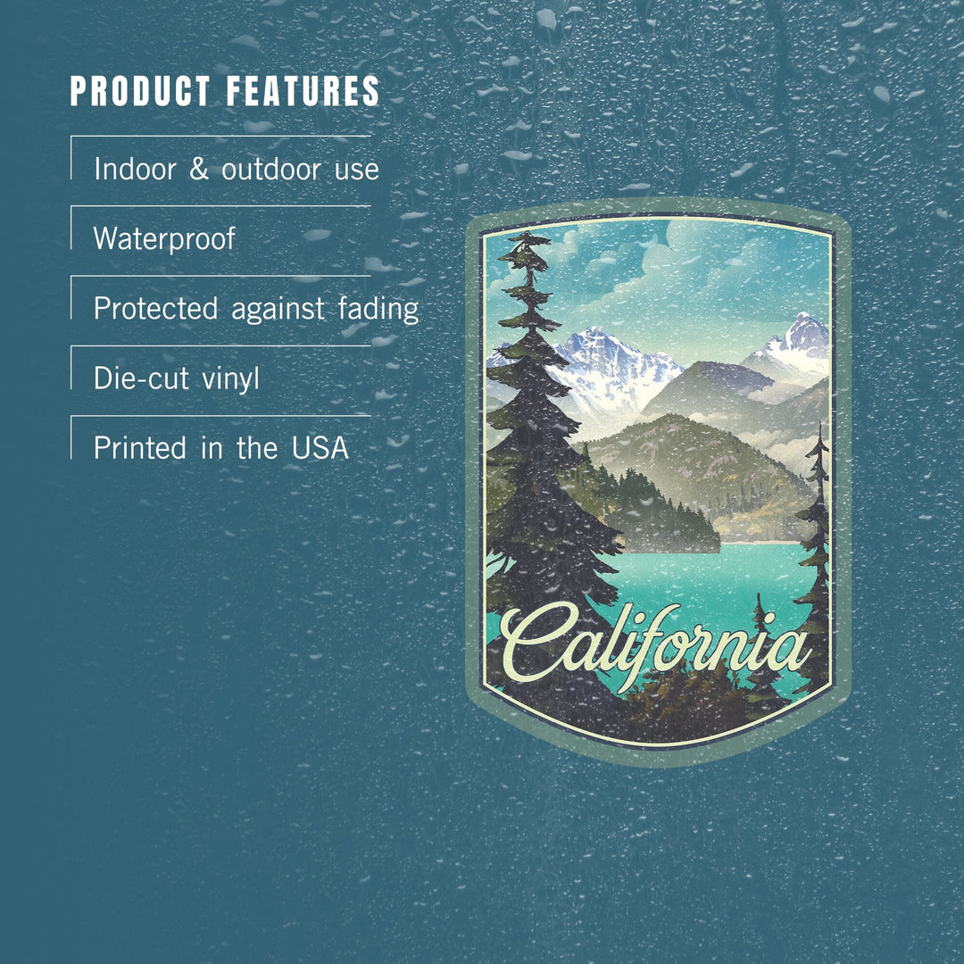 California, Lithograph, Lake and Mountains Scene, Contour, Vinyl Sticker Sticker Lantern Press 