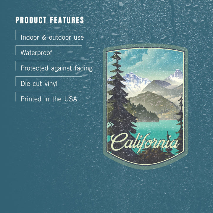 California, Lithograph, Lake and Mountains Scene, Contour, Vinyl Sticker Sticker Lantern Press 
