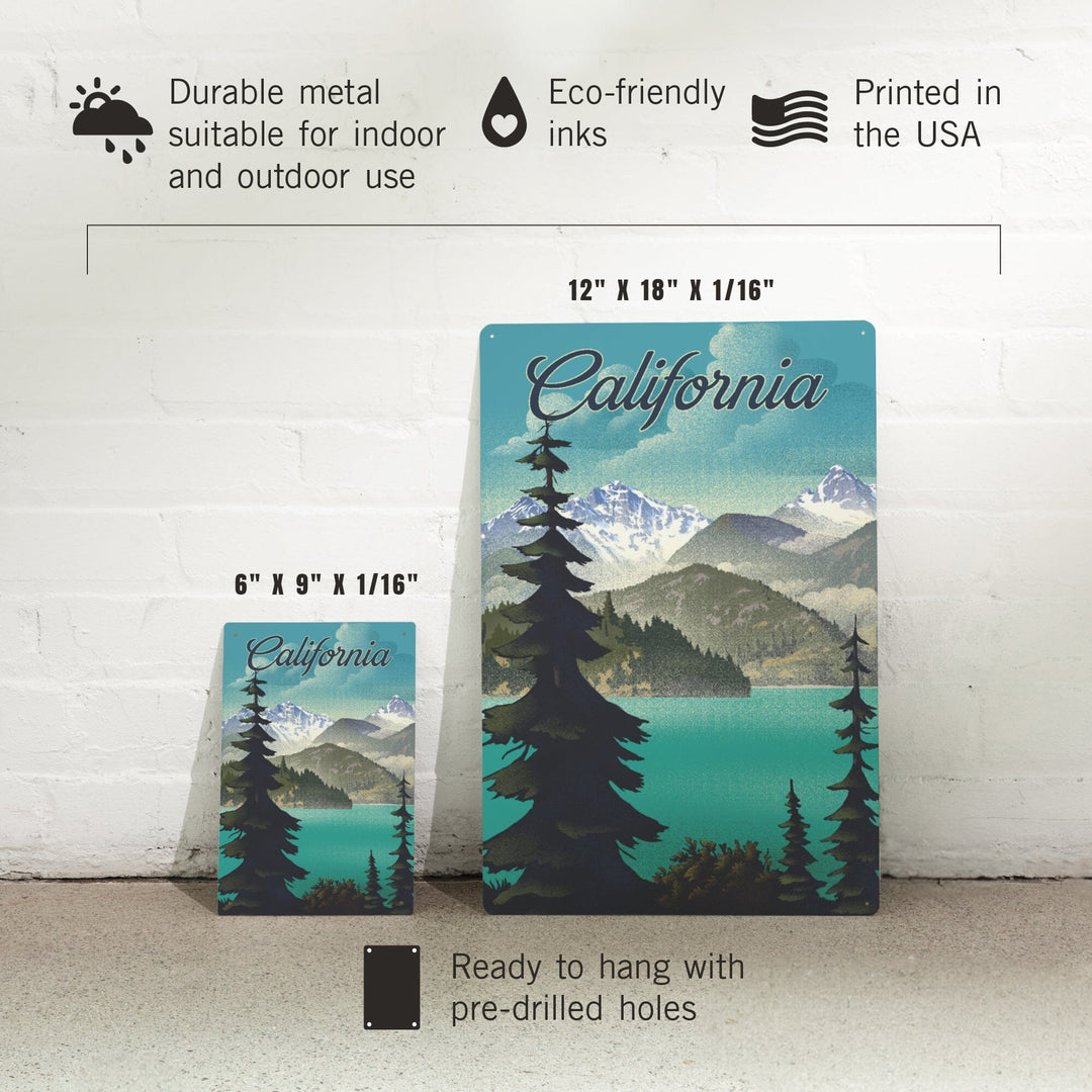 California, Lithograph, Lake and Mountains Scene, Metal Signs Metal Lantern Press 