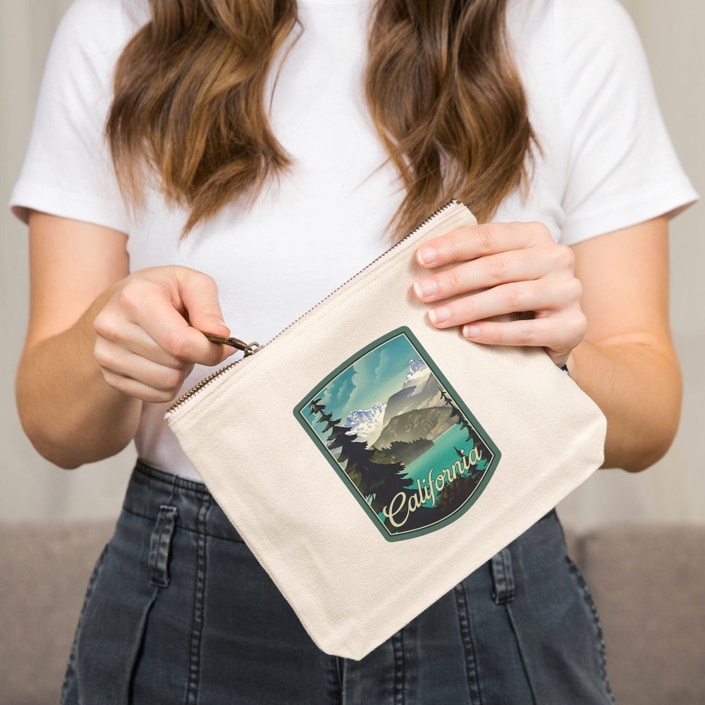 California, Lithograph, Lake and Mountains Scene,, Organic Cotton Zipper Pouch, Go Bag Totes Lantern Press 