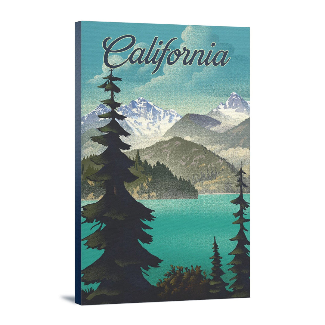 California, Lithograph, Lake and Mountains Scene, Stretched Canvas Canvas Lantern Press 