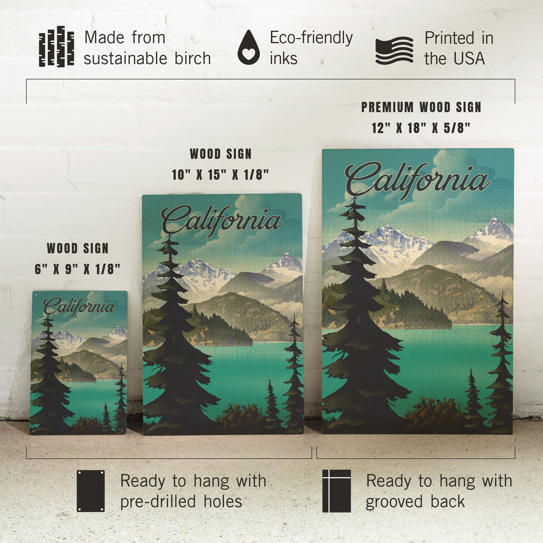 California, Lithograph, Lake and Mountains Scene, Wood Signs and Postcards Wood Lantern Press 