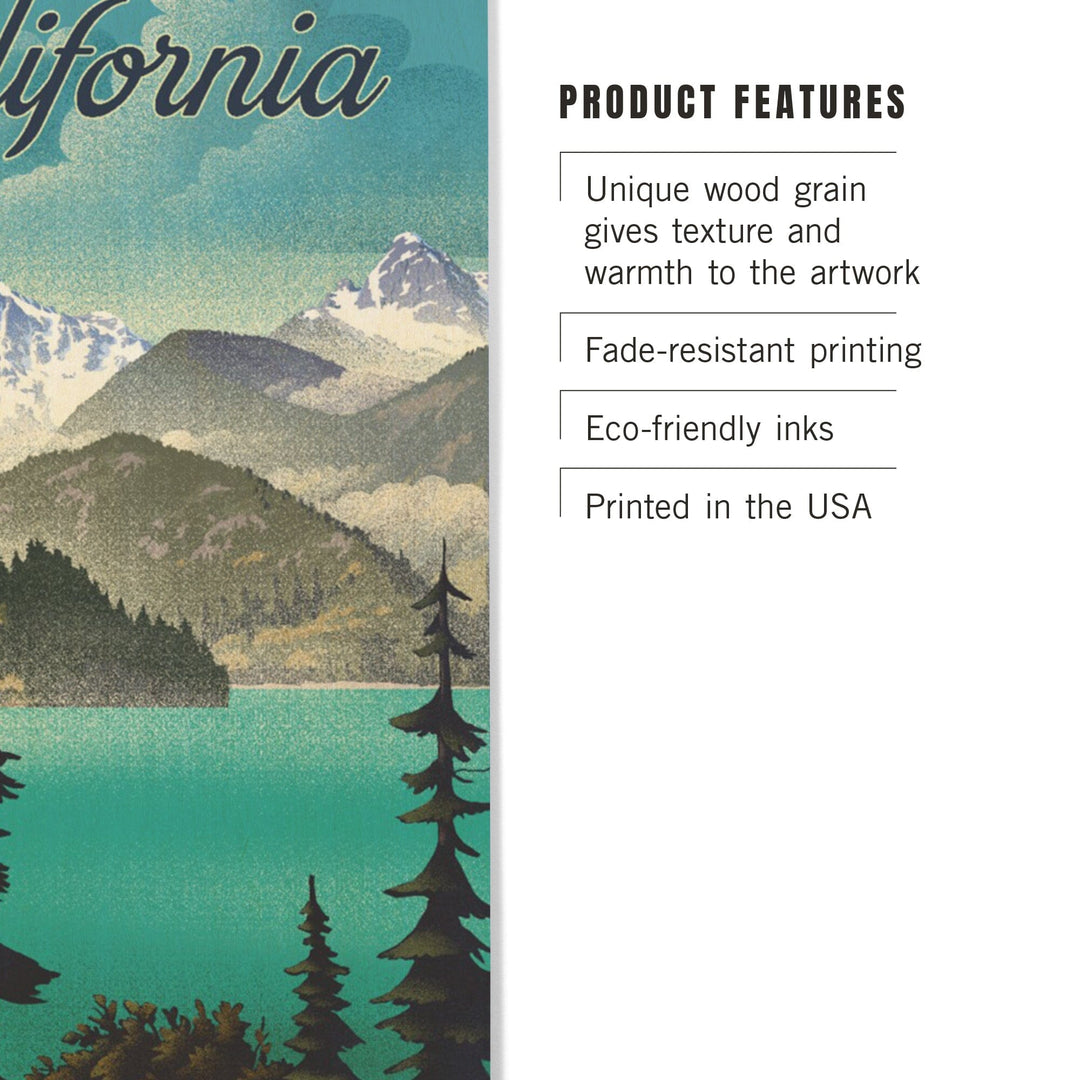 California, Lithograph, Lake and Mountains Scene, Wood Signs and Postcards Wood Lantern Press 