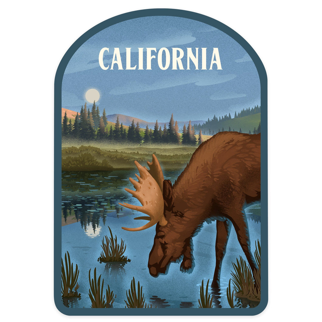 California, Lithograph, Reflection Pond and Bull Moose, Contour, Vinyl Sticker Sticker Lantern Press 