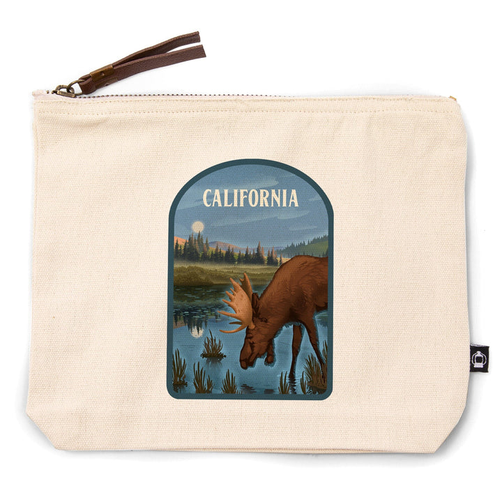California, Lithograph, Reflection Pond and Bull Moose,, Organic Cotton Zipper Pouch, Go Bag Totes Lantern Press 