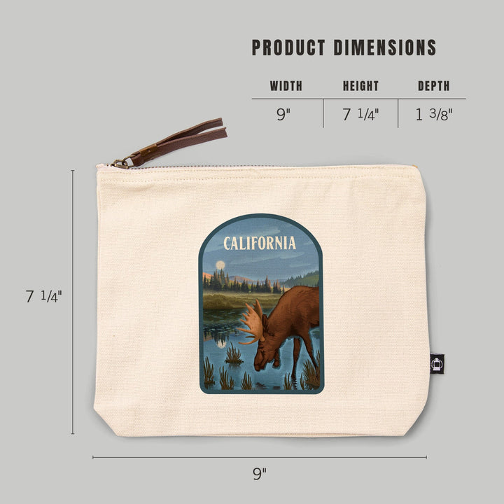 California, Lithograph, Reflection Pond and Bull Moose,, Organic Cotton Zipper Pouch, Go Bag Totes Lantern Press 