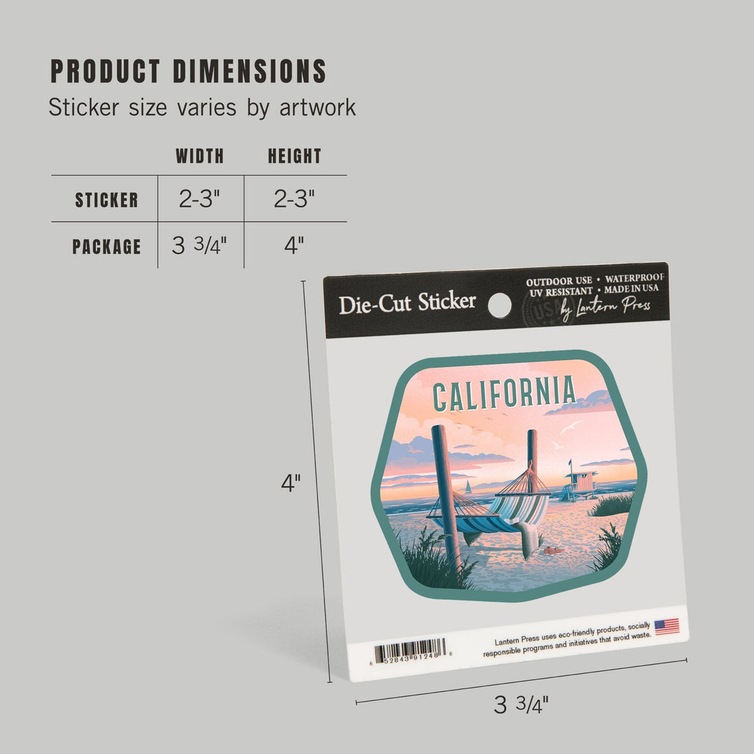 California, Lithograph, Salt Air, No Cares, Hammock on Beach, Contour, Vinyl Sticker Sticker Lantern Press 