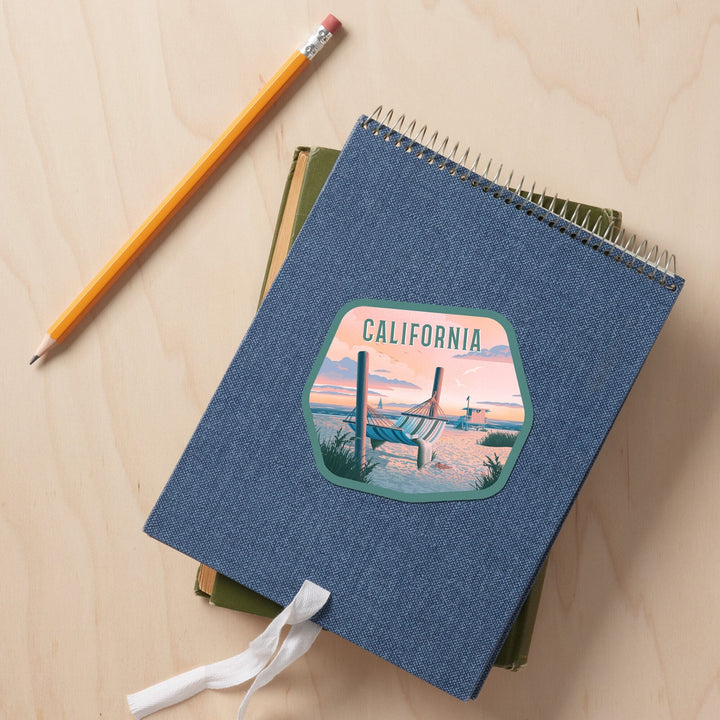 California, Lithograph, Salt Air, No Cares, Hammock on Beach, Contour, Vinyl Sticker Sticker Lantern Press 