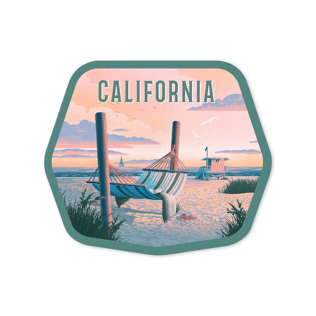 California, Lithograph, Salt Air, No Cares, Hammock on Beach, Contour, Vinyl Sticker Sticker Lantern Press 