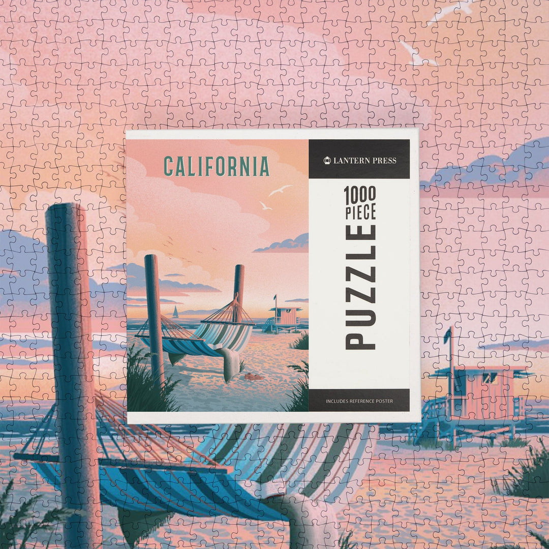 California, Lithograph, Salt Air, No Cares, Hammock on Beach, Jigsaw Puzzle Puzzle Lantern Press 