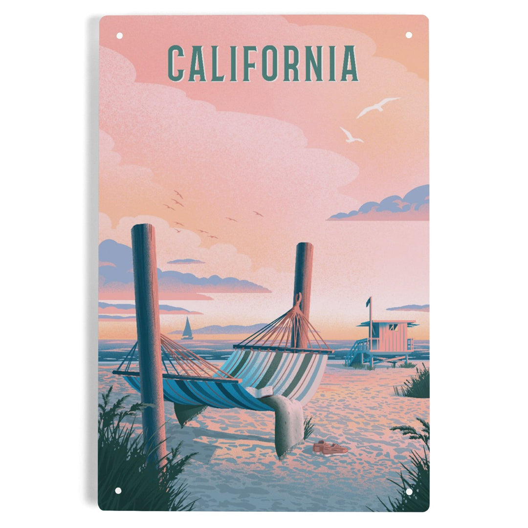 California, Lithograph, Salt Air, No Cares, Hammock on Beach, Metal Signs Metal Lantern Press 