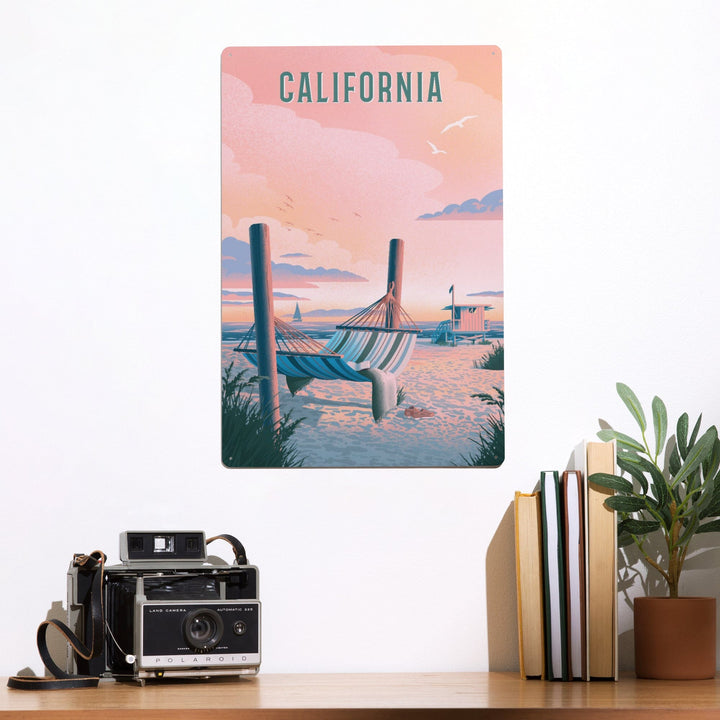 California, Lithograph, Salt Air, No Cares, Hammock on Beach, Metal Signs Metal Lantern Press 