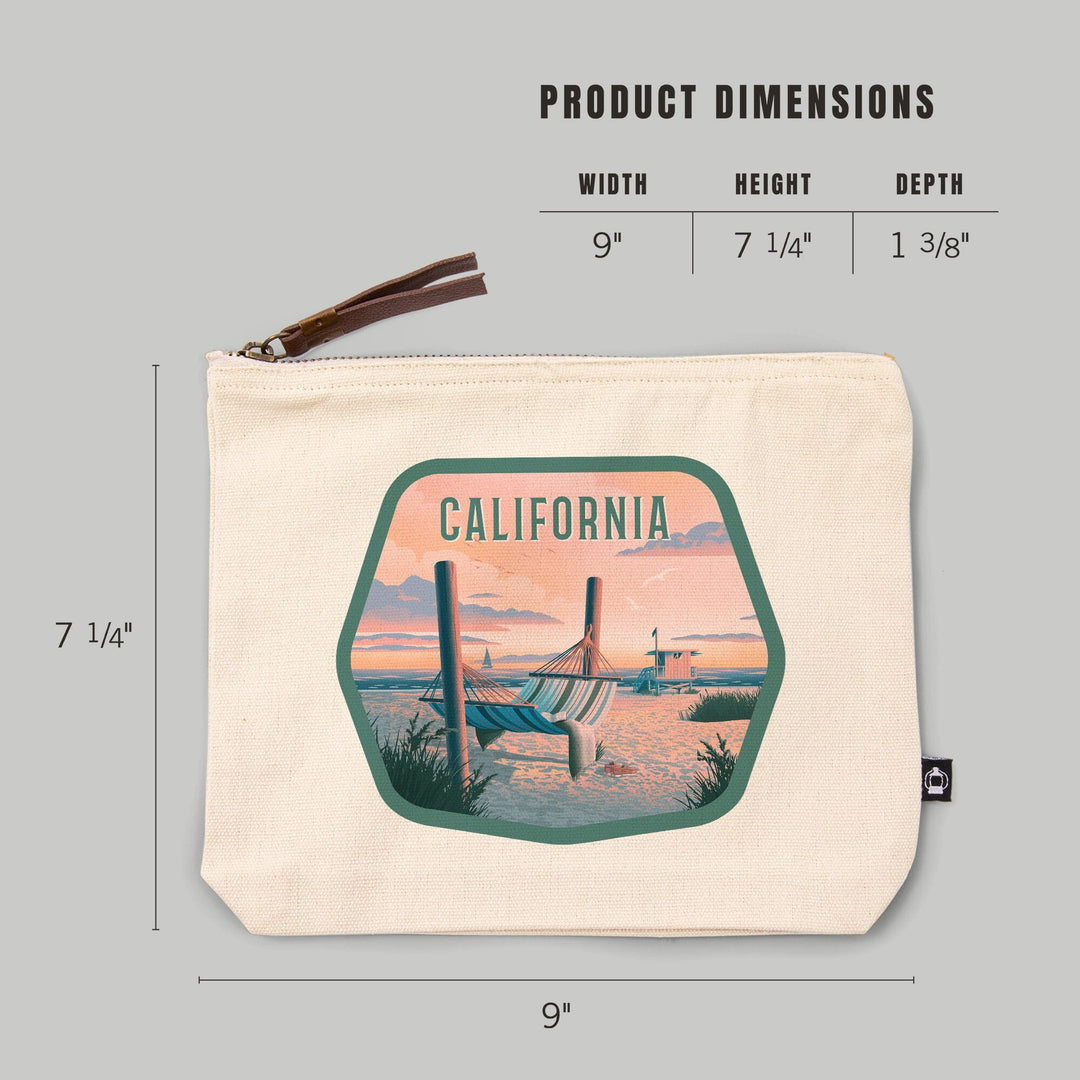 California, Lithograph, Salt Air, No Cares, Hammock on Beach,, Organic Cotton Zipper Pouch, Go Bag Totes Lantern Press 