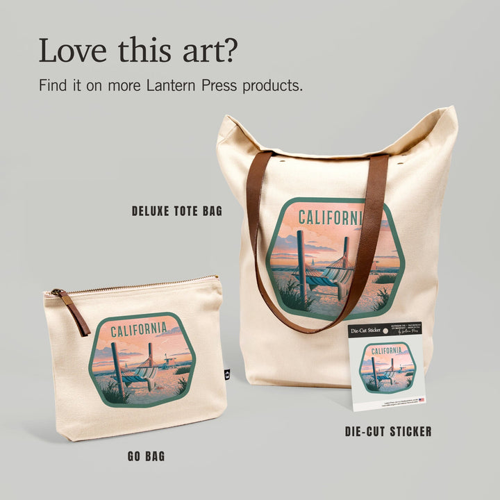 California, Lithograph, Salt Air, No Cares, Hammock on Beach,, Organic Cotton Zipper Pouch, Go Bag Totes Lantern Press 